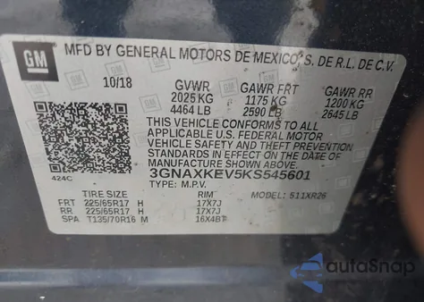 2019 Chevrolet Equinox Lt из США, поврежденный, VIN 3GNAXKEV5KS545601